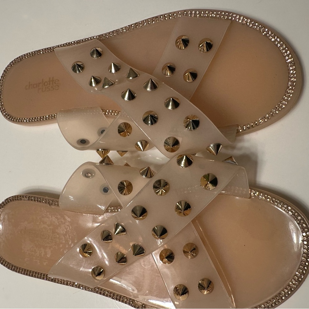 Charlotte Russe Pink Jelly Gold Studded Cross Slide Sandal